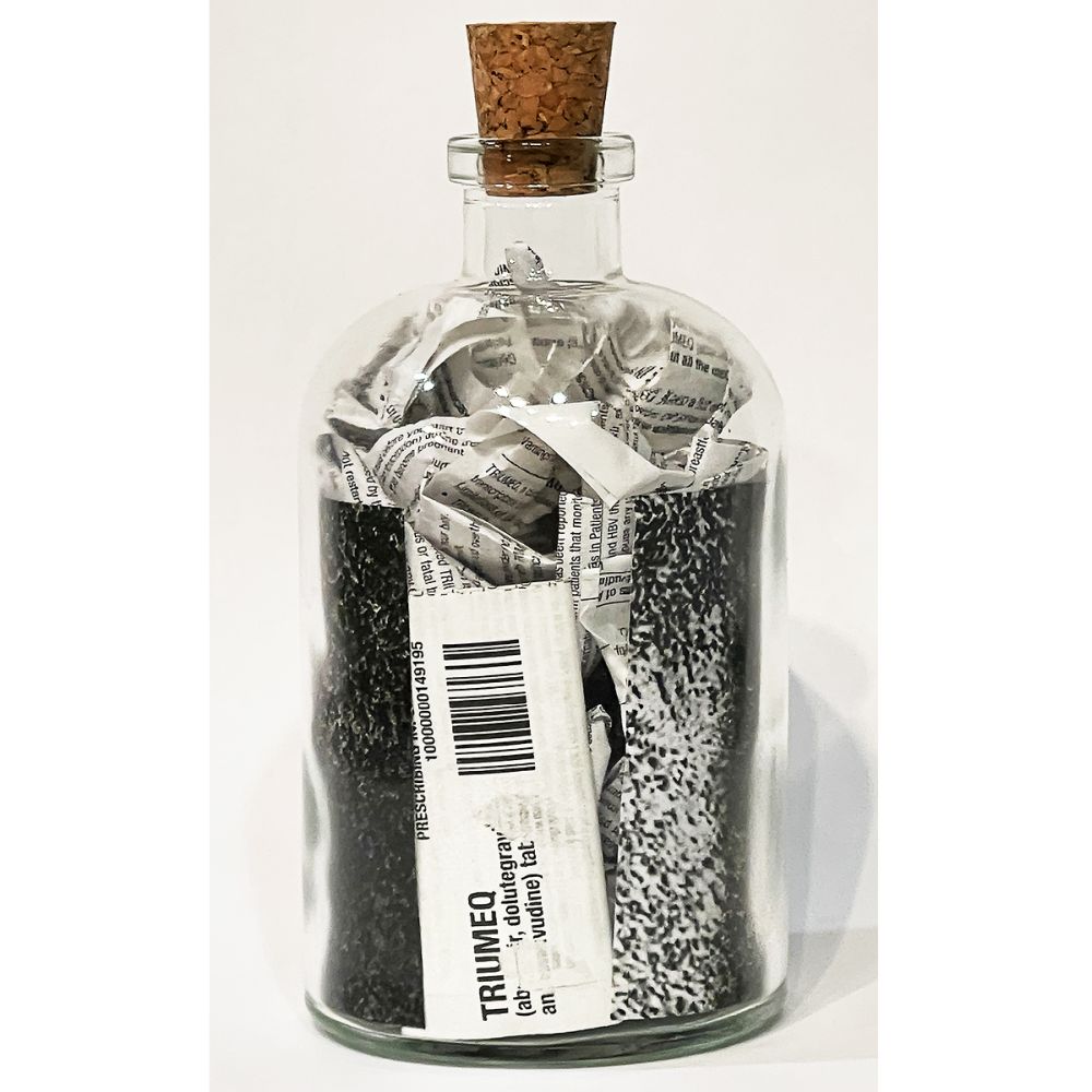 <br/>Huron Landing Praetorian back, 10/9/2025<br/>Apx 6½" x 3" x 3"<br/>glass, paper, ink and cork